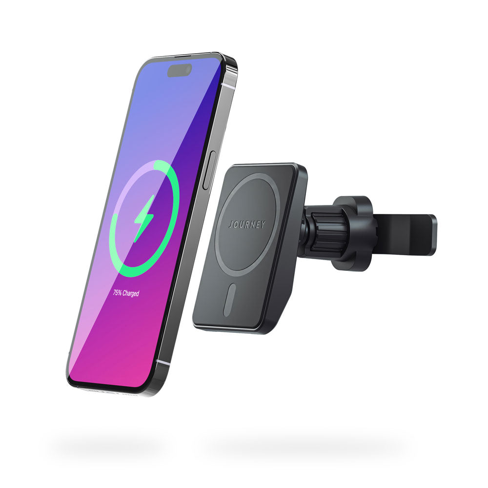 Phone with a charging app displayed on a car air vent mount with 'Journey' branding.