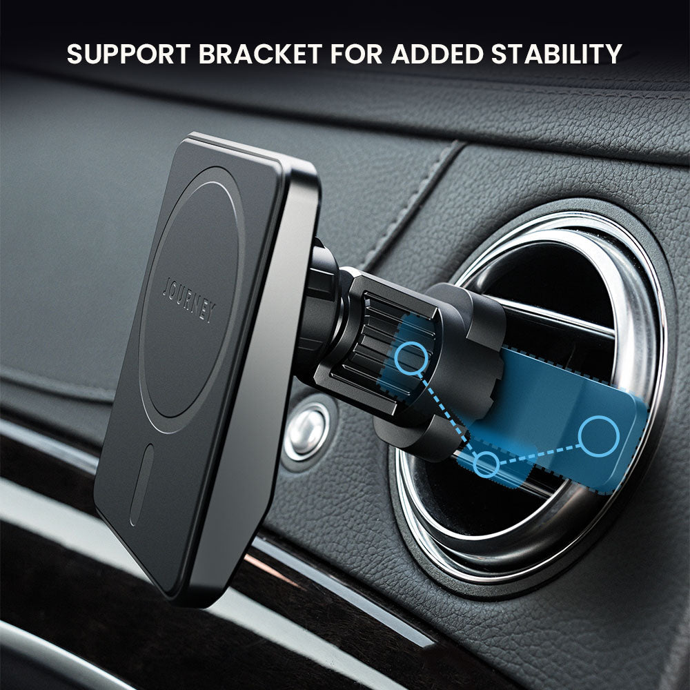 Car phone holder with support bracket attached to car's air vent.