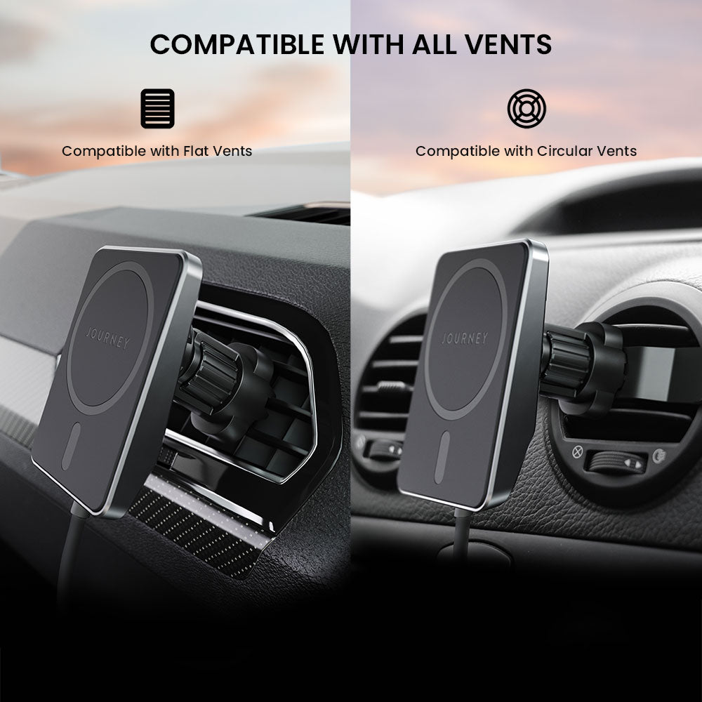 Car phone holder compatible with both flat and circular car vents.