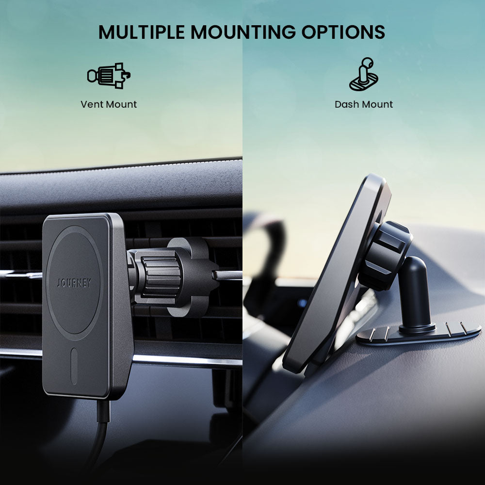 Two car phone mount options: vent and dash mount, with 'JOBY' branding.