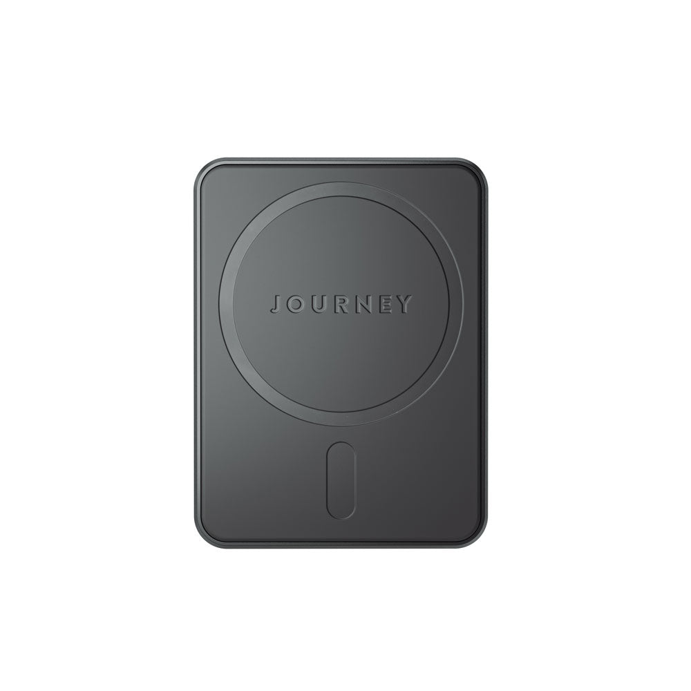 Black wireless charging pad with 'Journey' branding on a white background