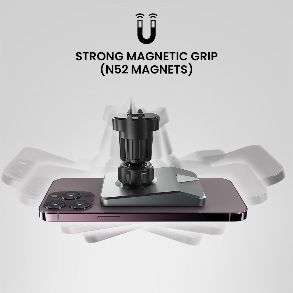 Strong magnetic grip with N52 magnets on a phone stand against a light gray background