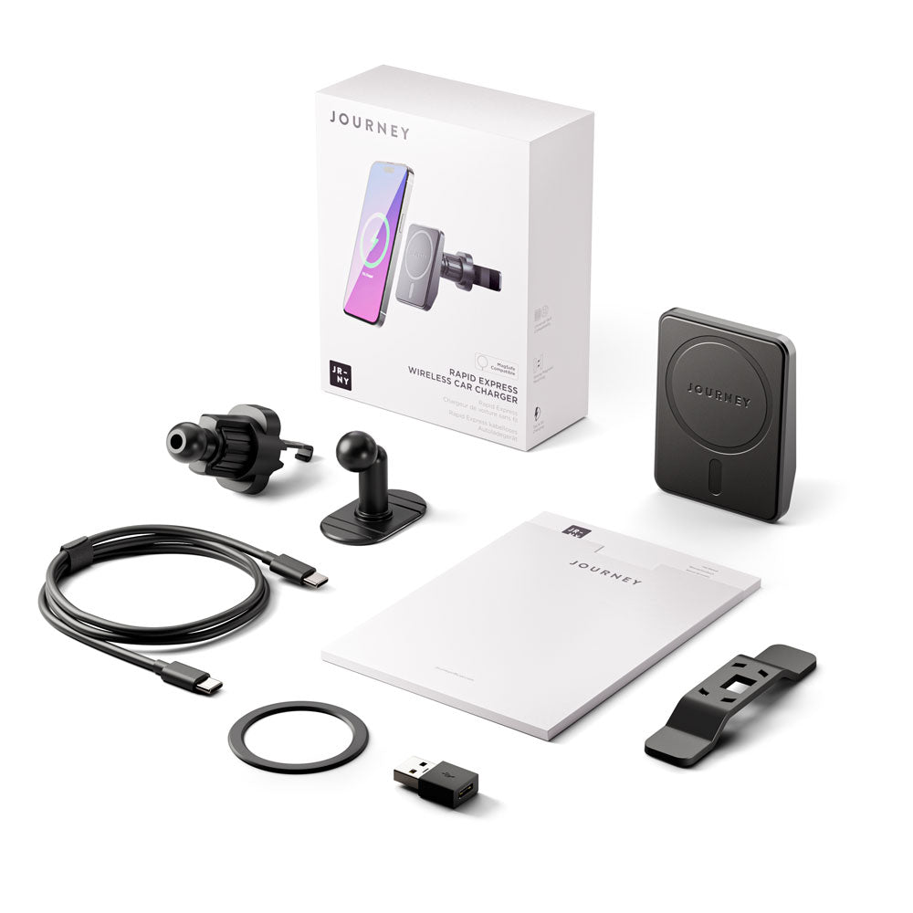Journey wireless car charger set with packaging on a white background