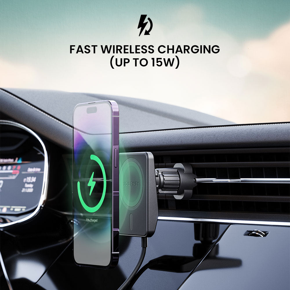 Fast wireless charging device on a car dashboard with smartphone