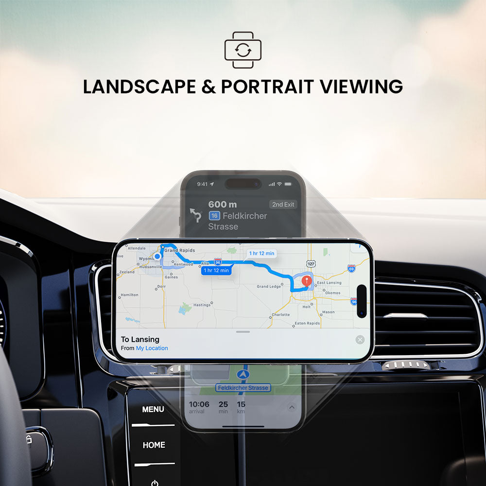 Phone mount in car displaying navigation app with text 'Landscape & Portrait Viewing'.