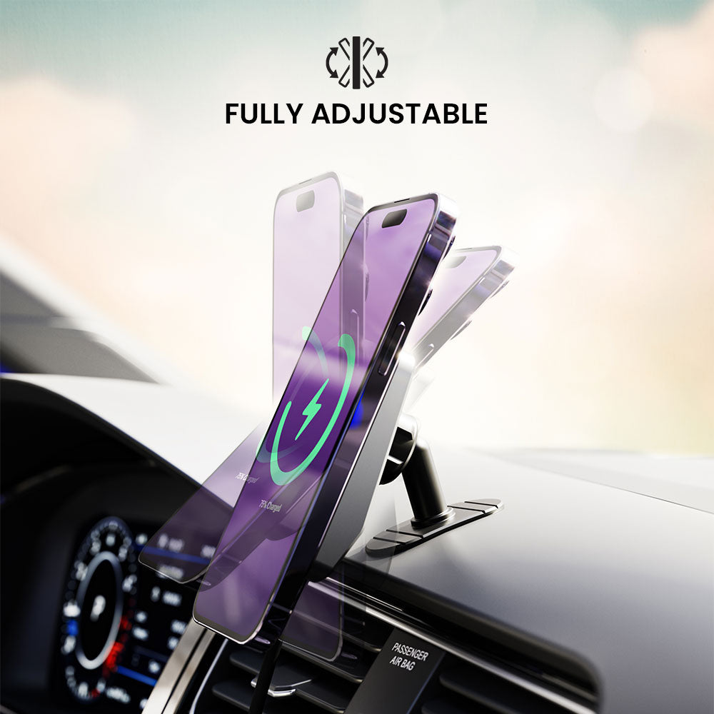 Phone holder on car dashboard with 'Fully Adjustable' text and brand logo.