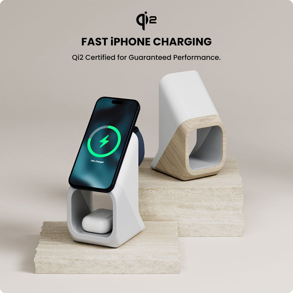 Fast iPhone charging station with smartphone on a neutral background, featuring Qi2 certification.