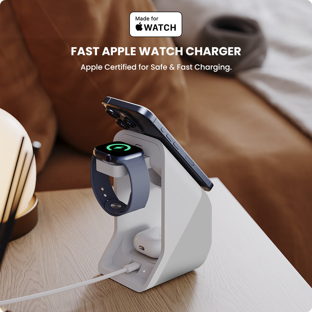 Fast Apple Watch charger with an Apple Watch on a wooden surface