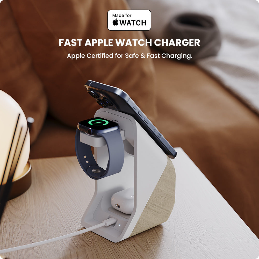 Fast Apple Watch charger with Apple Watch and phone on a wooden surface