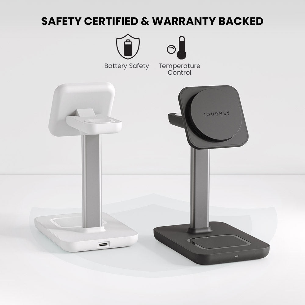 Two wireless charging stands, one white and one black, on a light gray background with safety certification text.
