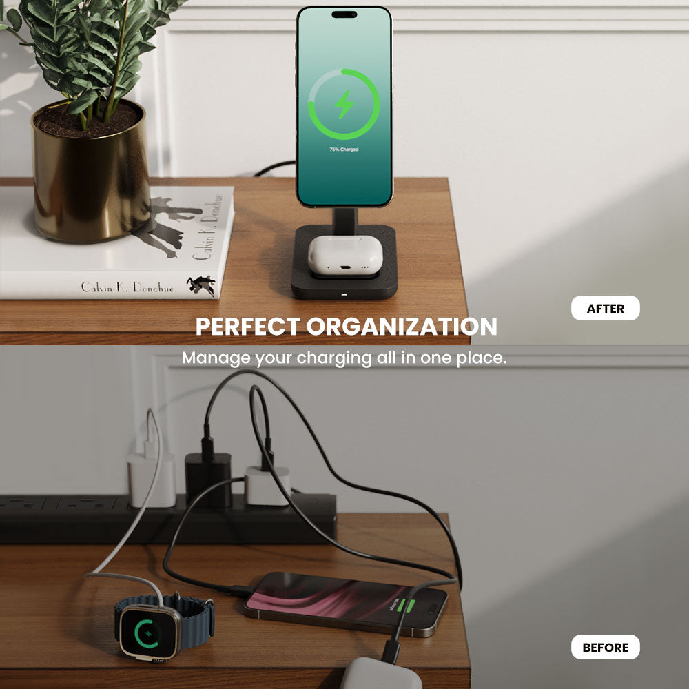 Before and after comparison of a desk with disorganized charging cables and a smartphone on a charging stand.