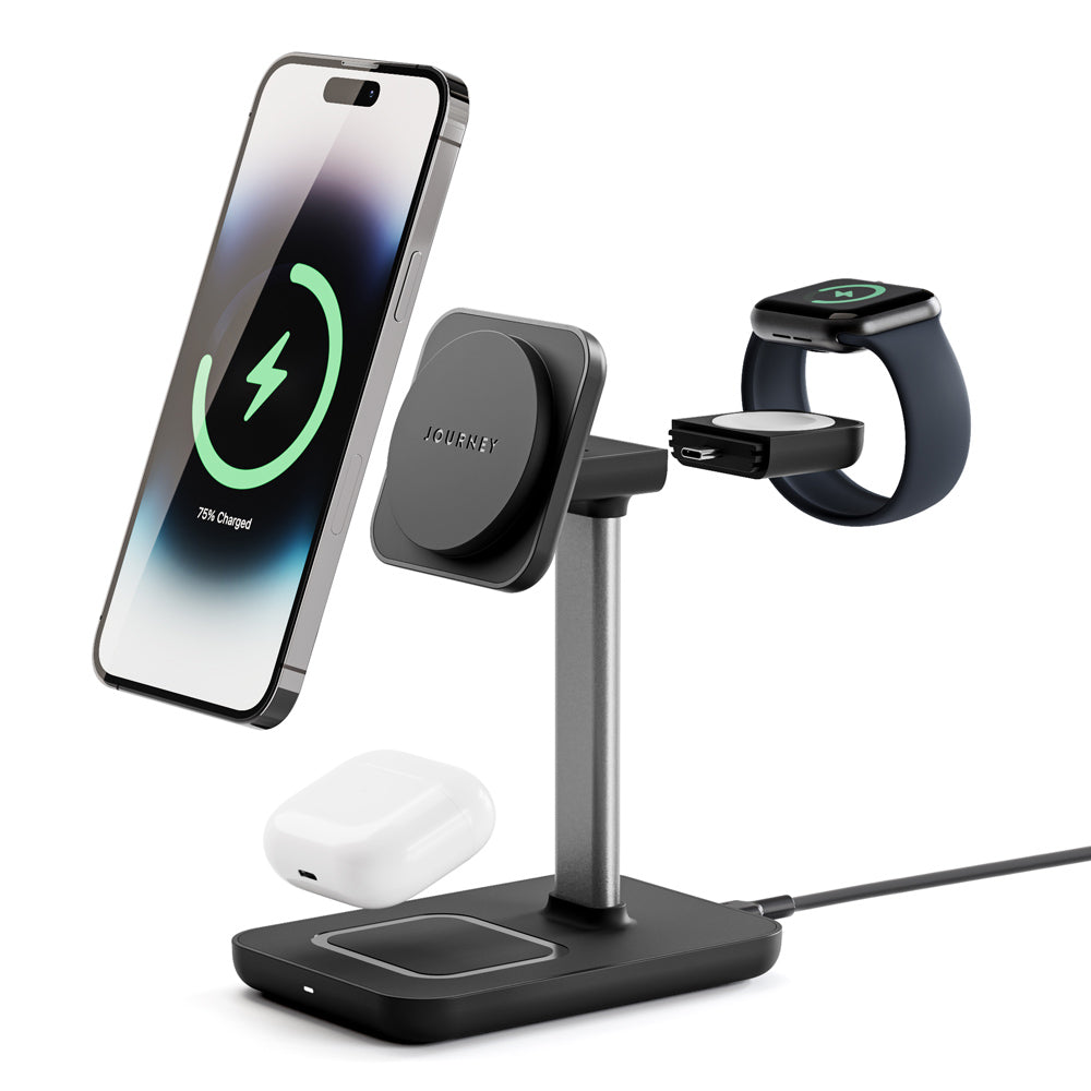 Multi-device wireless charging stand with smartphone, smartwatch, and earbuds on a white background