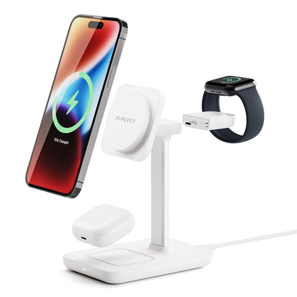 White multi-device charging stand with smartphone, smartwatch, and earbuds on a white background