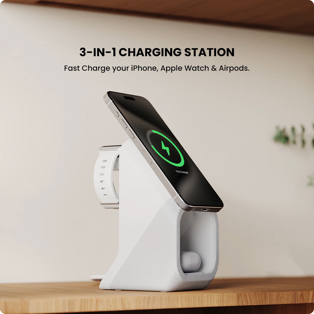 3-in-1 charging station with smartphone, smartwatch, and wireless earbuds on a wooden surface.