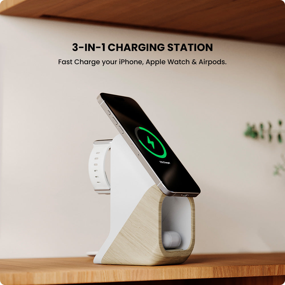 3-in-1 charging station with smartphone, smartwatch, and wireless earbuds on a wooden surface.