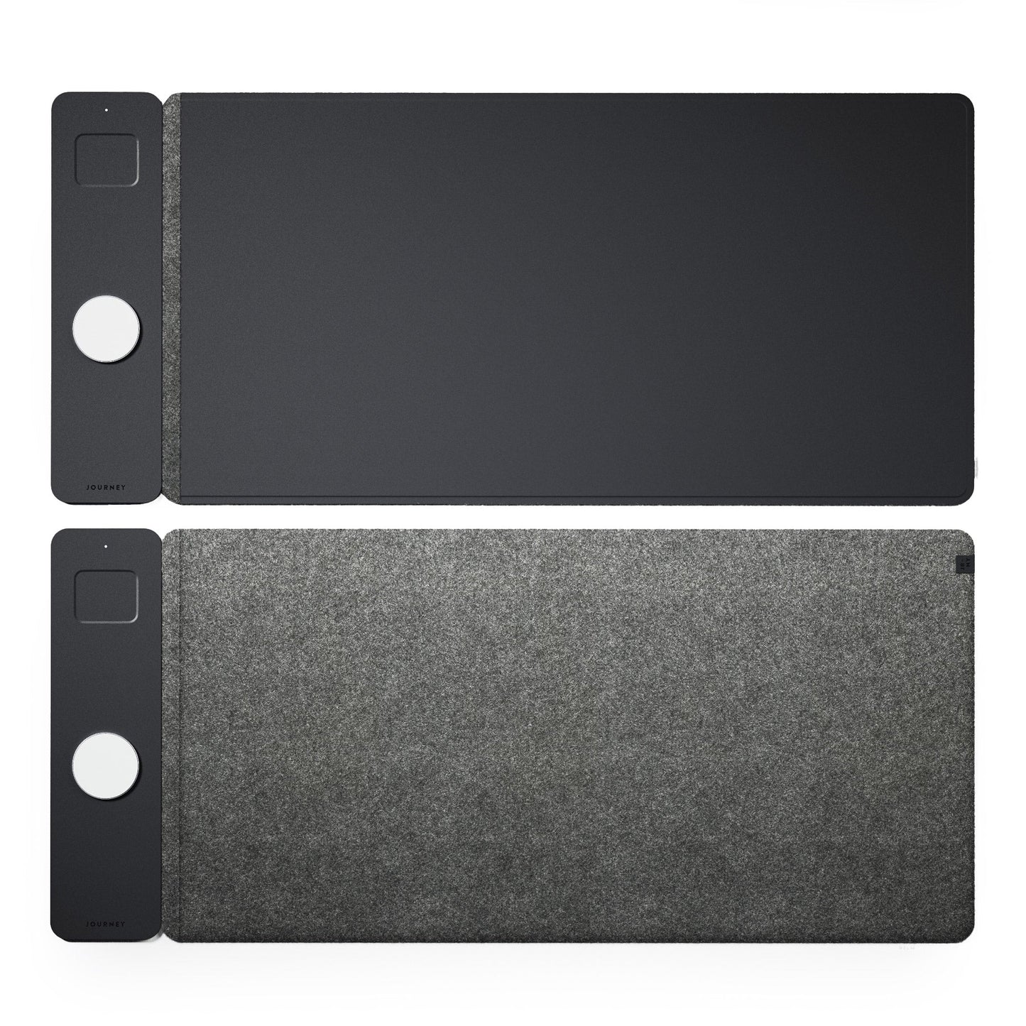 Two black and gray mouse pads with a white background