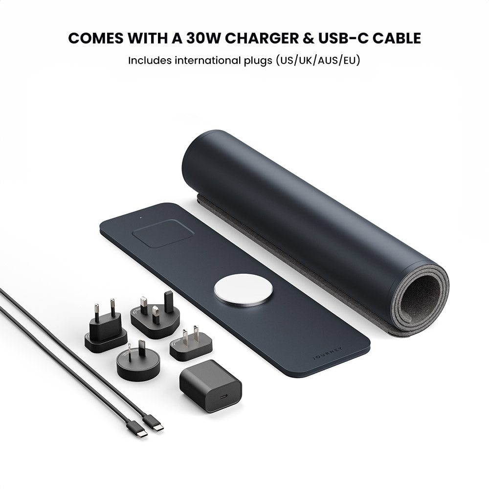 Black charging mat with 30W charger and USB-C cable on a white background