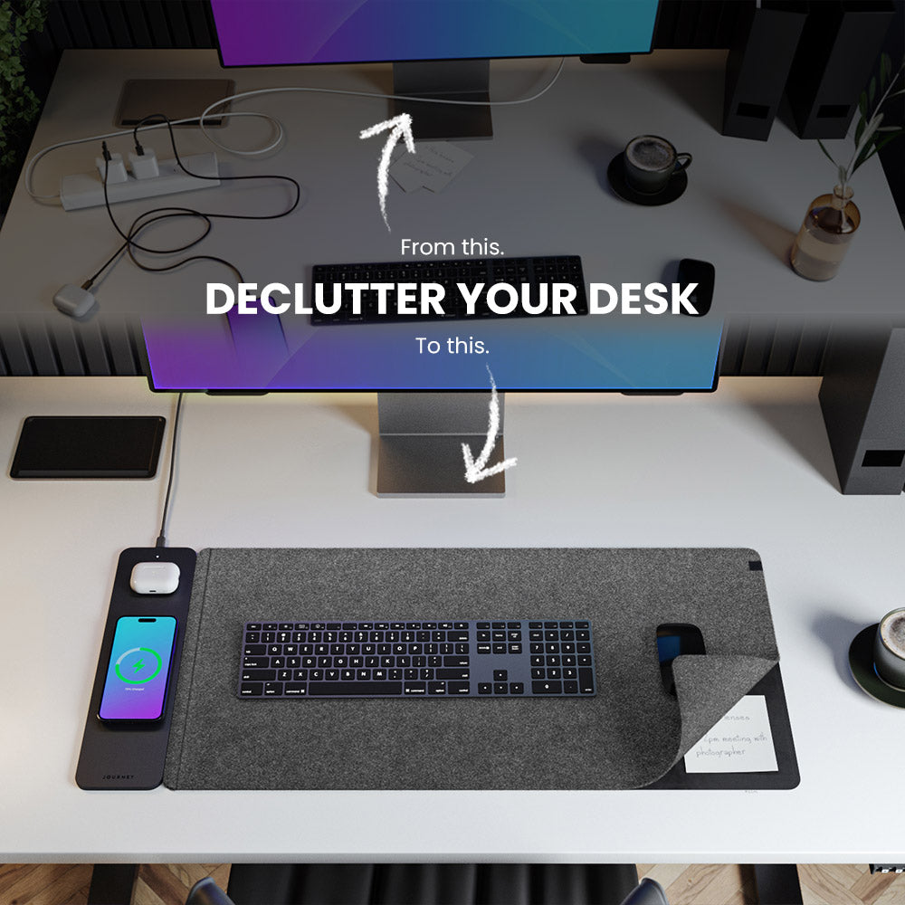 Before and after comparison of a cluttered desk to a clean desk setup with a keyboard and phone.