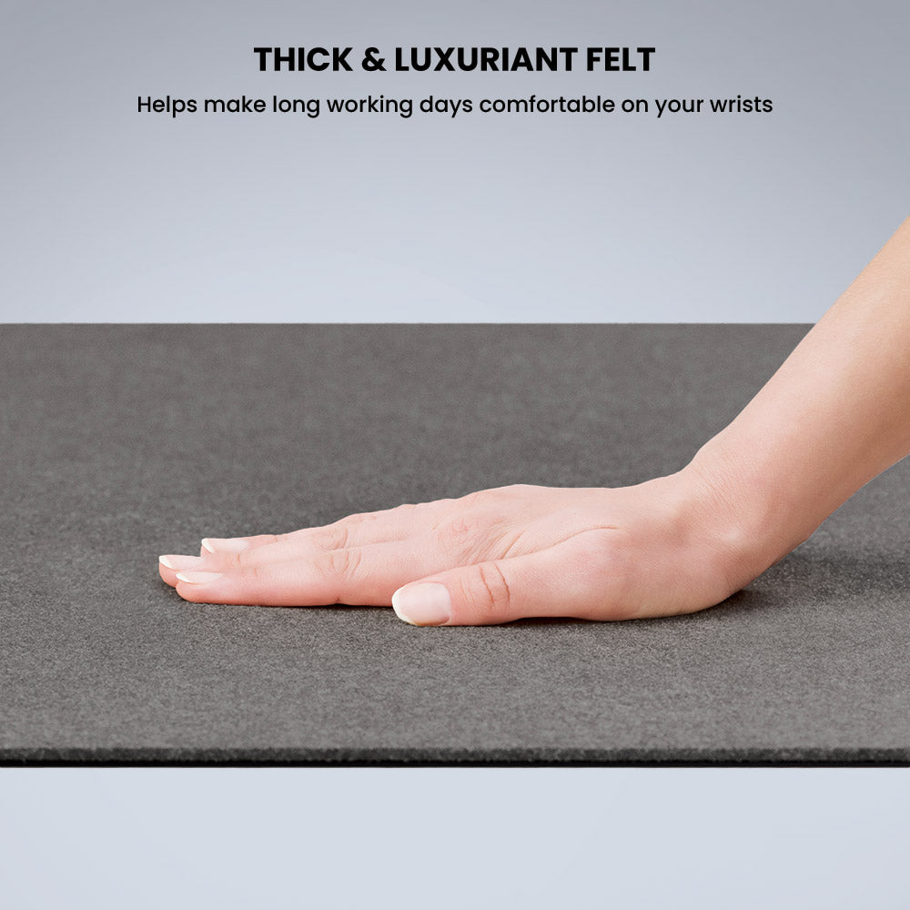 Hand on thick, luxuriant felt surface with text about comfort.