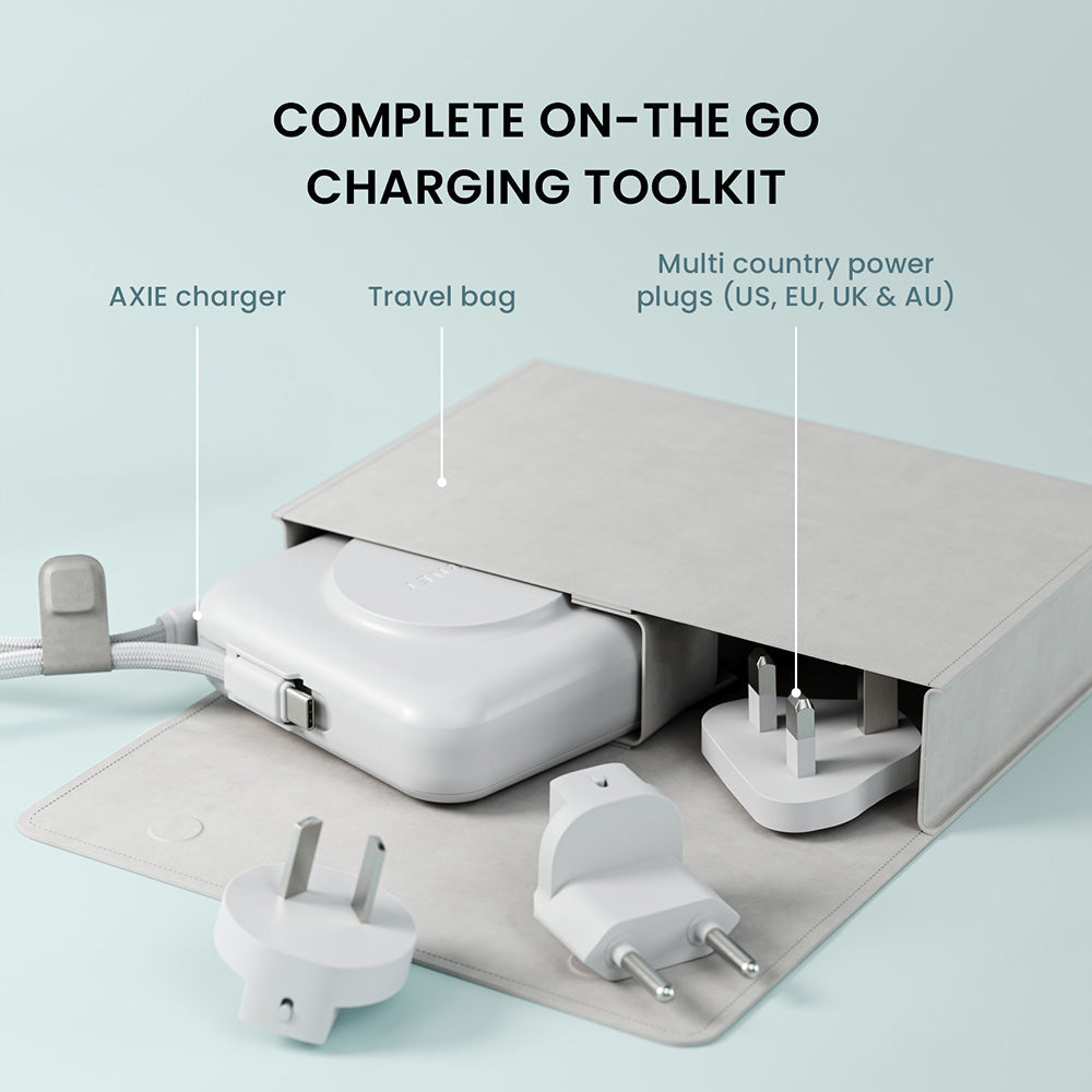 On-the-go charging toolkit with travel bag, AXIE charger, and power plugs on a light blue background.