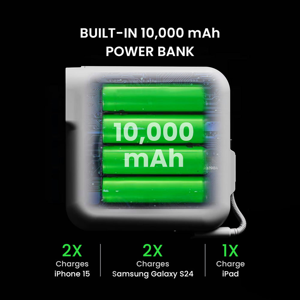 10,000 mAh power bank with battery icons and charging capabilities on a black background