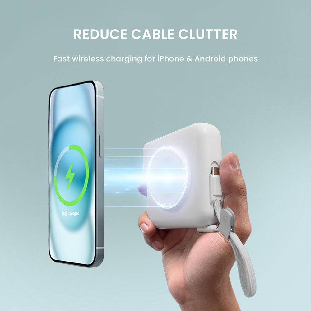 Hand holding a wireless charging device next to a smartphone with text 'Reduce Cable Clutter' and 'Fast wireless charging for iPhone & Android phones'.