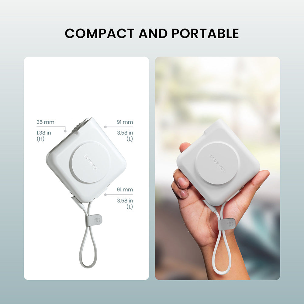 White portable device with measurement details on a gray background