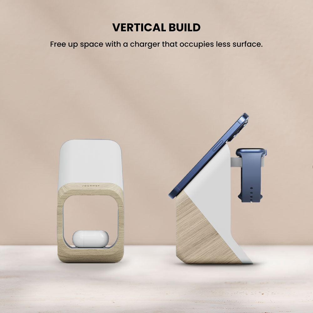 Vertical charging station with phone, watch, and charger on a beige background