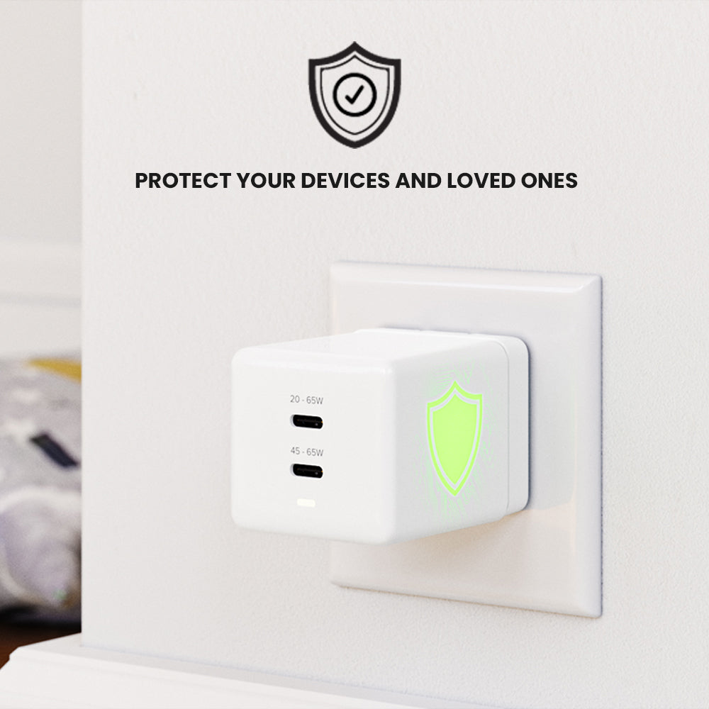 White wall outlet with a green light indicator on a white background, featuring text 'Protect Your Devices and Loved Ones'.
