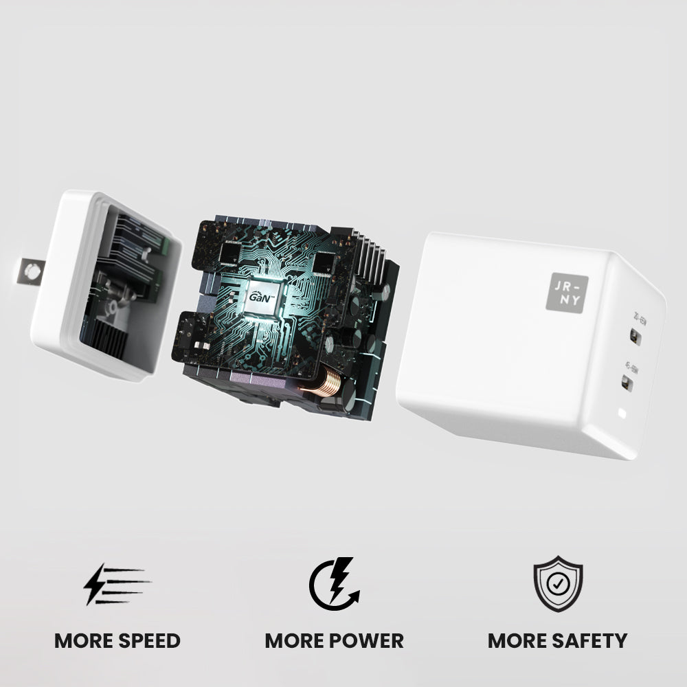 Electronic device with circuit board and 'JRNY' branding on a light gray background.