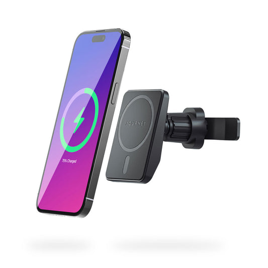 Phone with a charging app displayed on a car air vent mount with 'Journey' branding.