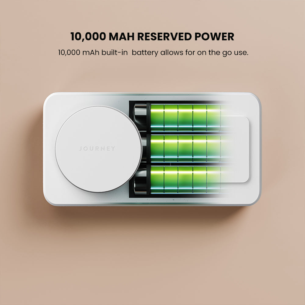 Battery pack with visible green cells on a beige background, featuring the brand 'JOURNEY'.