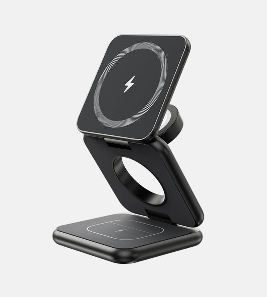 Black wireless charging stand with lightning bolt symbol on a white background