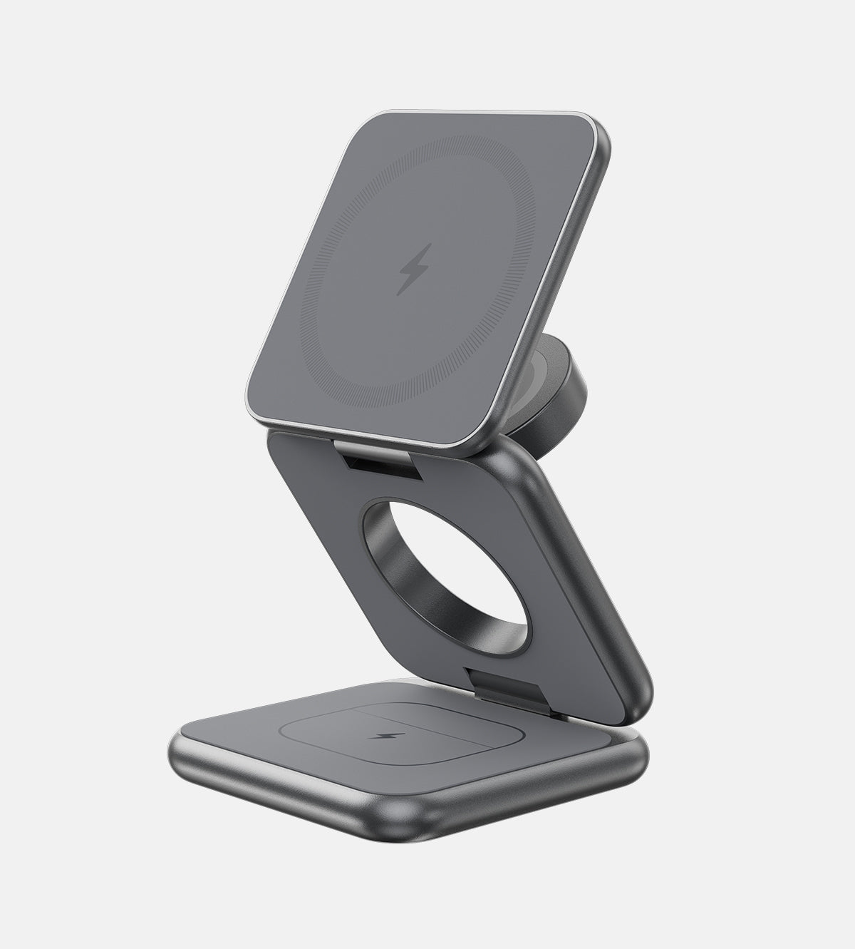 Gray wireless charging stand on a white background