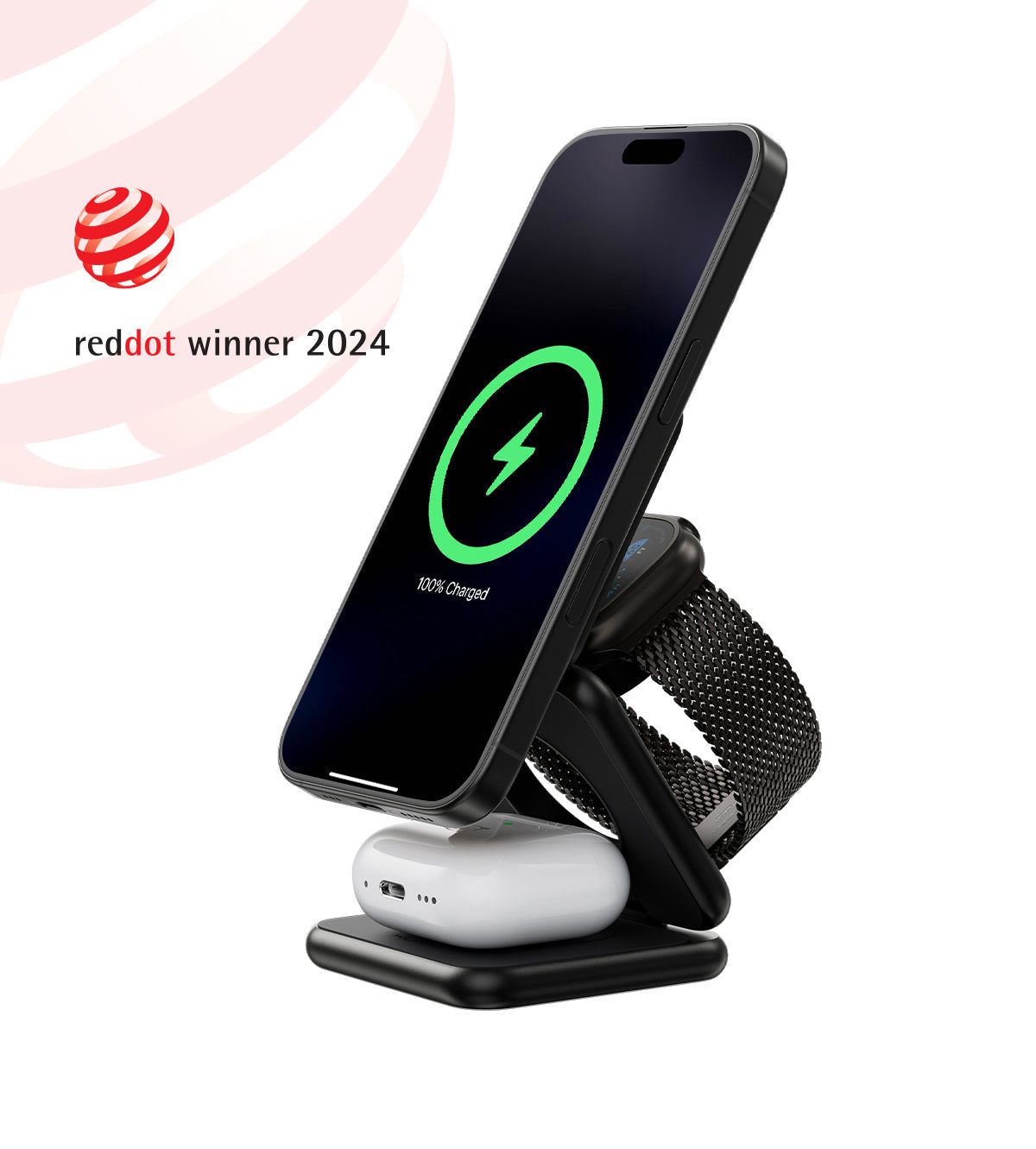 Multi-device charging stand with smartphone, watch, and wireless earbuds on a white background, featuring Red Dot Award logo.