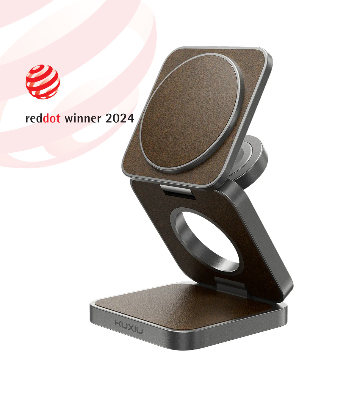 Phone stand with wood finish and metal base, featuring HUXIU branding and Red Dot Award logo.