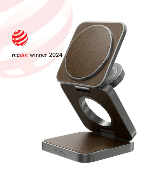 Phone stand with wood finish and metal base, featuring HUXIU branding and Red Dot Award logo.