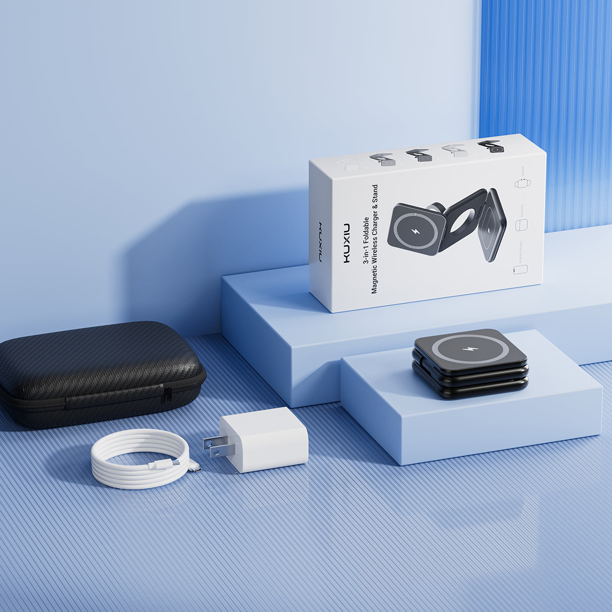 KUJUU wireless charging pad with packaging, black case, cable, and adapter on a blue platform.
