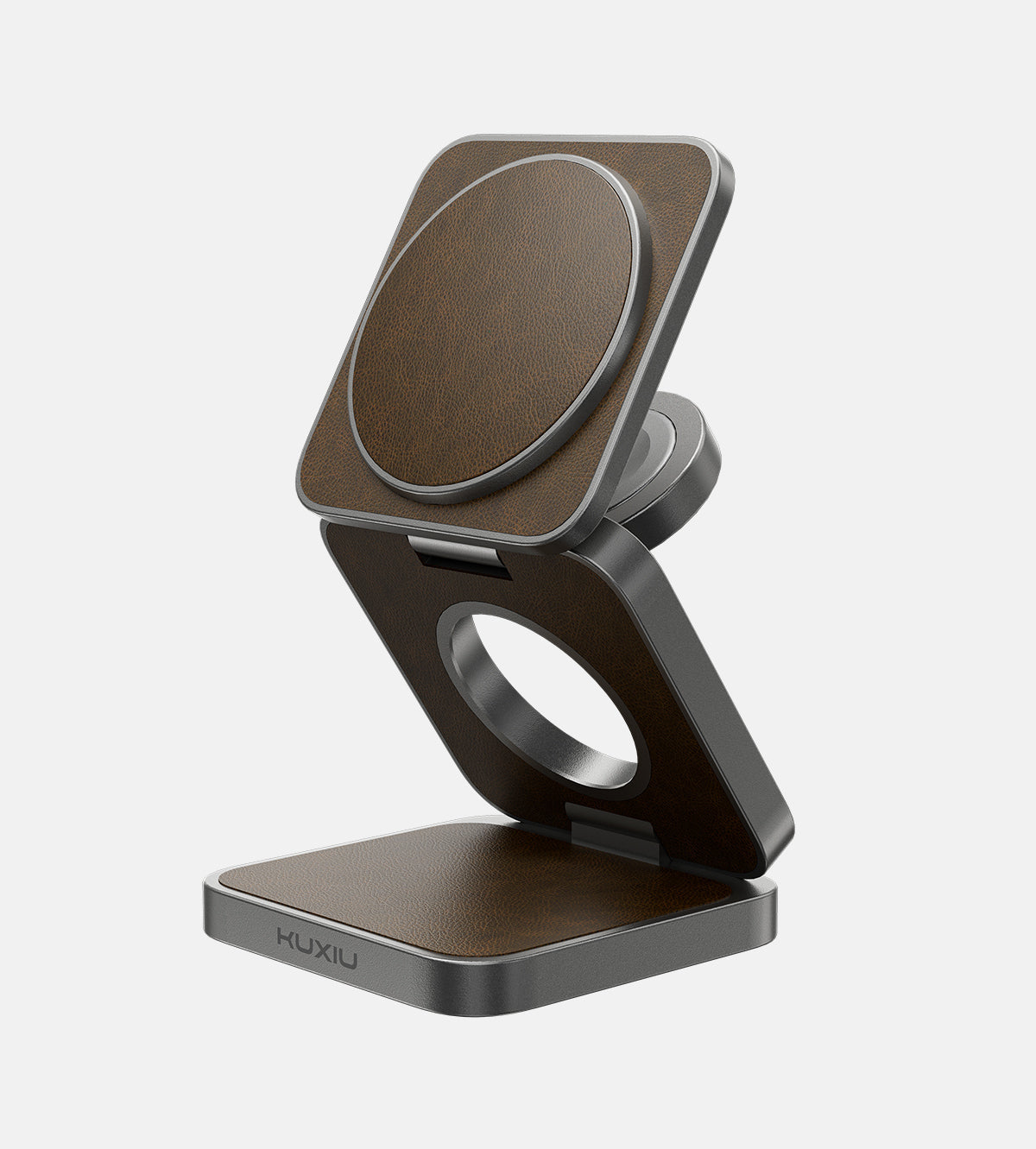 Multi-device stand with brown and black design on a white background