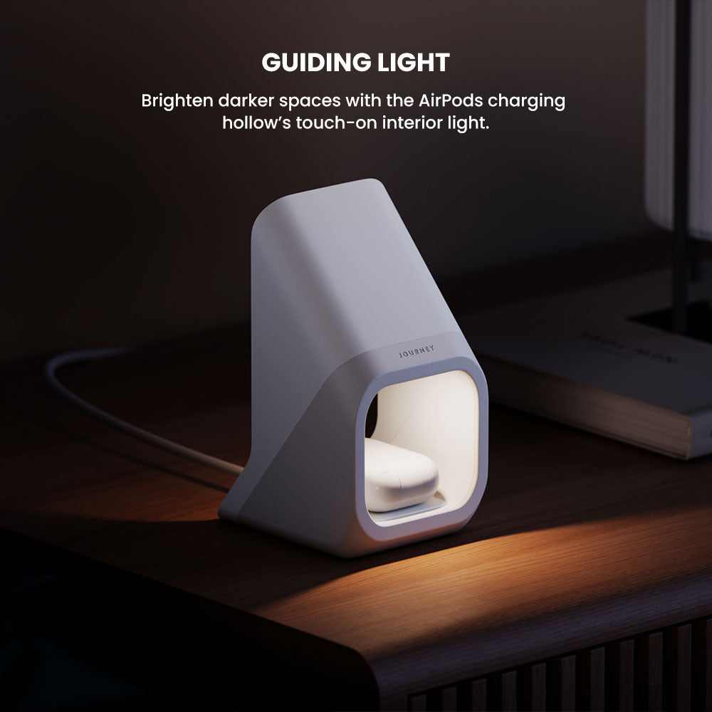 Lighting device on a wooden surface with text describing its function.