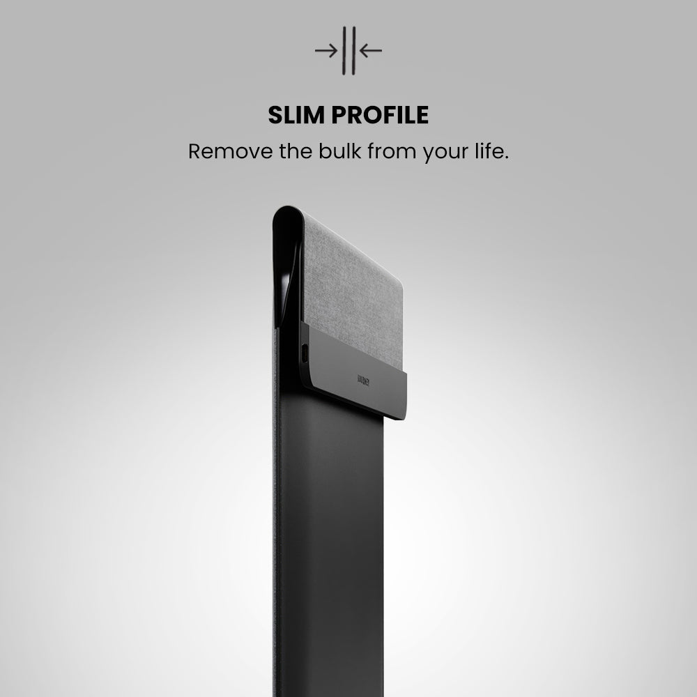 Slim profile product on a gray background with text 'SLIM PROFILE Remove the bulk from your life.'