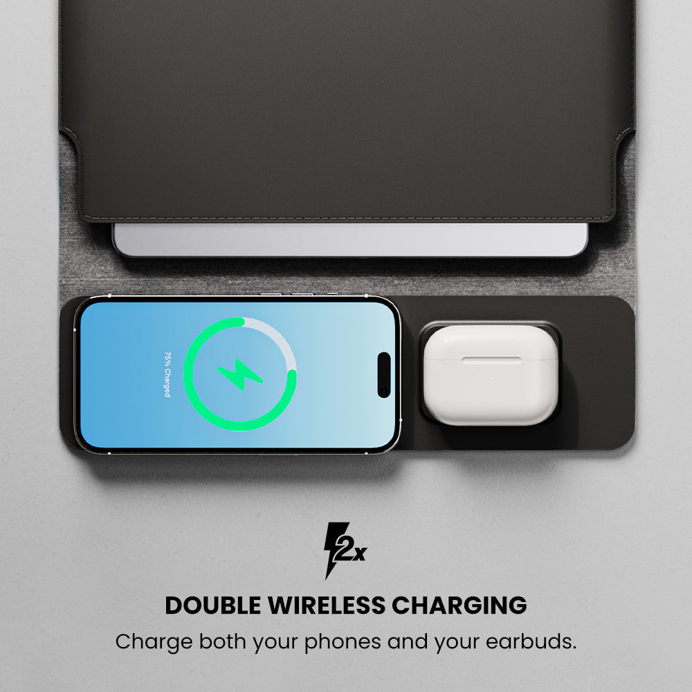 Double wireless charging pad with smartphone and earbuds on a gray background