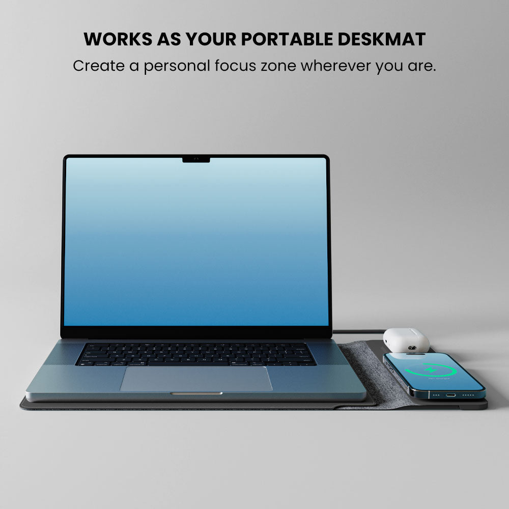 Laptop on a portable deskmat with smartphone and mouse, text 'Works as your portable deskmat'.