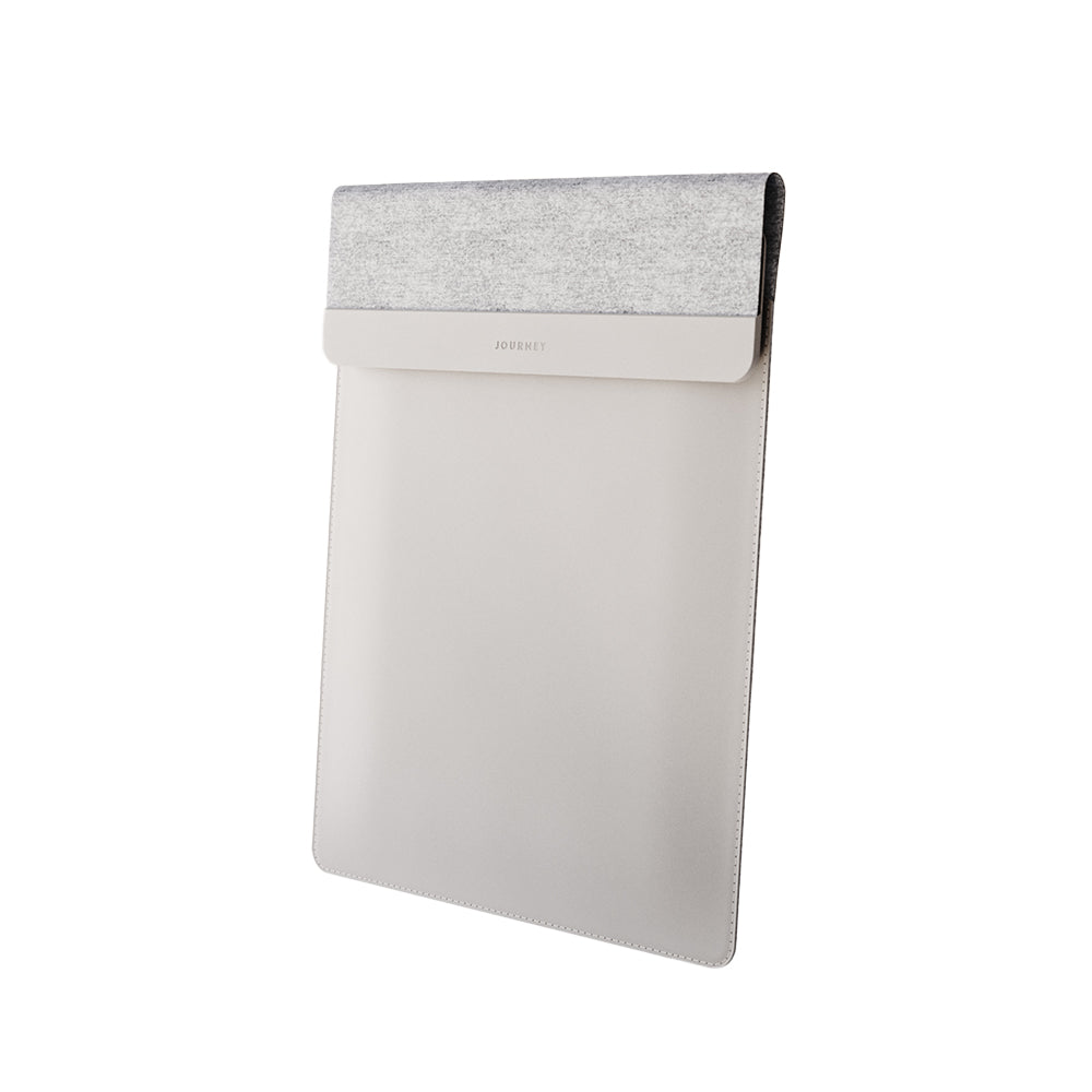 White laptop sleeve with gray top section on a white background
