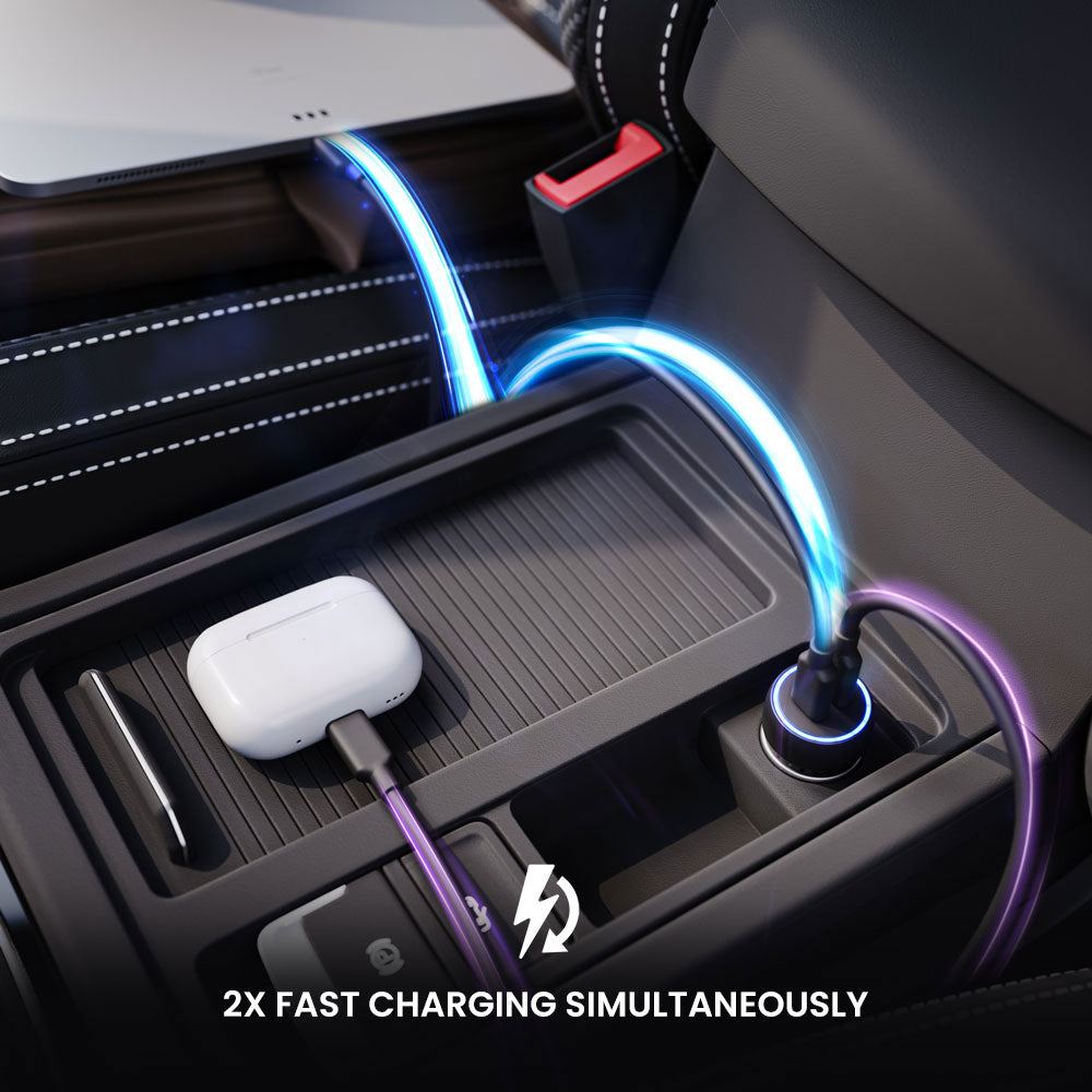 Car cup holder with two devices charging, one of which is AirPods, with a glowing cable.