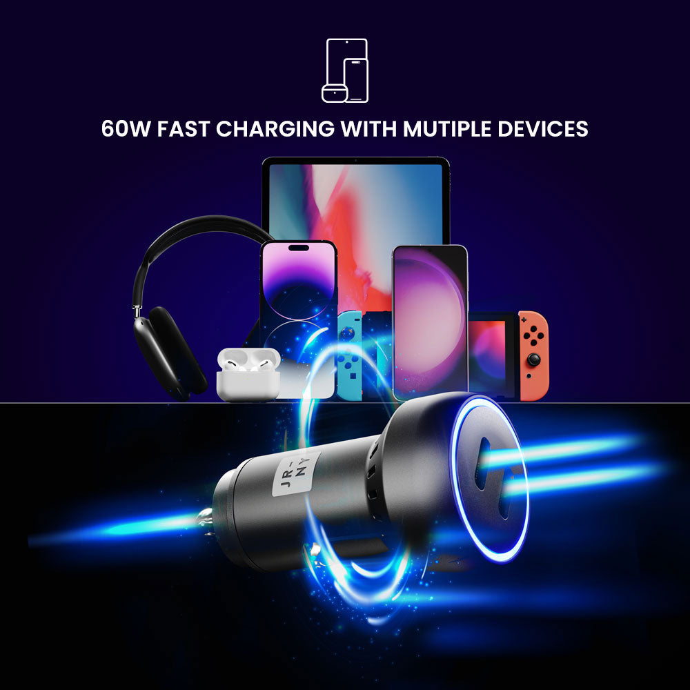 Car charger with multiple devices being charged on a dark background