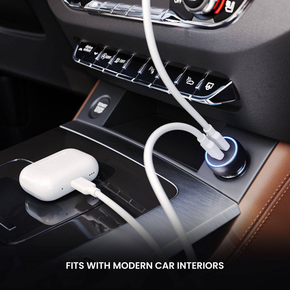 Car cup holder with a charging cable and earbuds, text 'Fits with modern car interiors'.