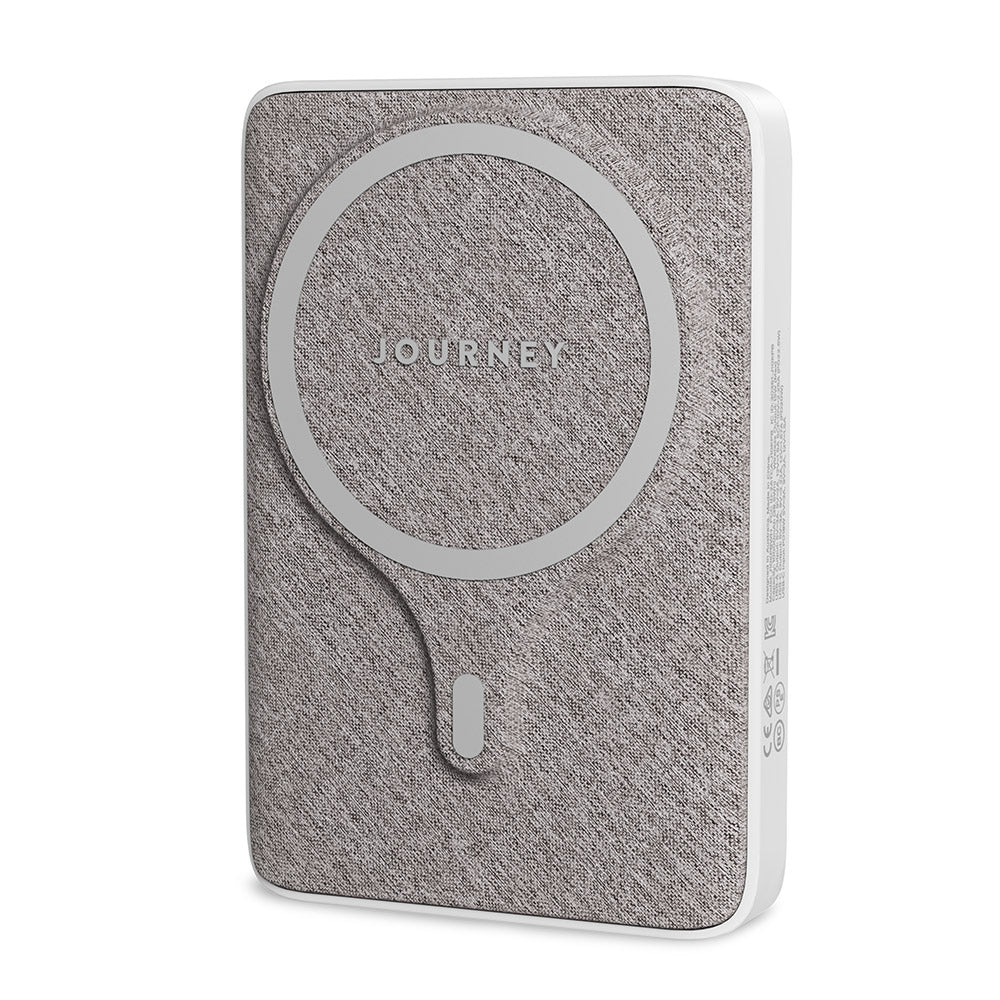 Gray power bank with 'Journey' branding on a white background