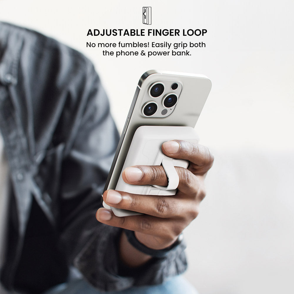 Person holding a phone with an adjustable finger loop on a white background