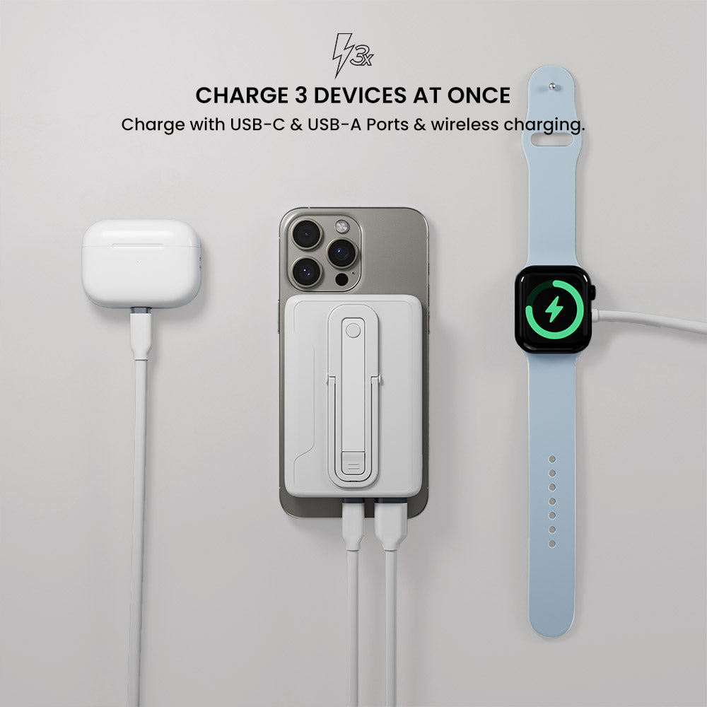 Charging station with USB-C, USB-A ports, and wireless charging for phone, earbuds, and smartwatch.
